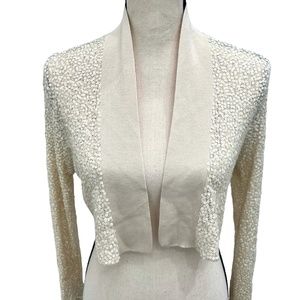 DONNA KARAN COLLECTION IVORY CASHMERE/SILK SEQUINS LONG SLEEVE SHRUG SWEATER